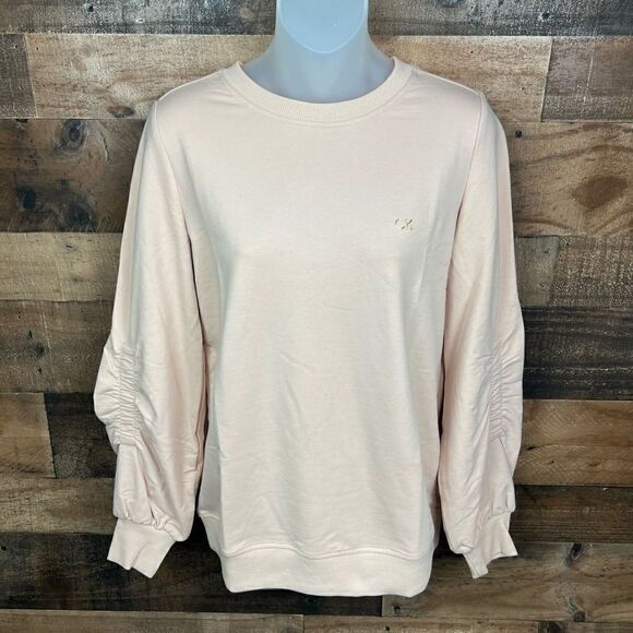 Calvin Klein Sweatshirt Crew Neck Blush Pink Tan Gathered Sleeves CK Logo XS - Picture 16 of 16